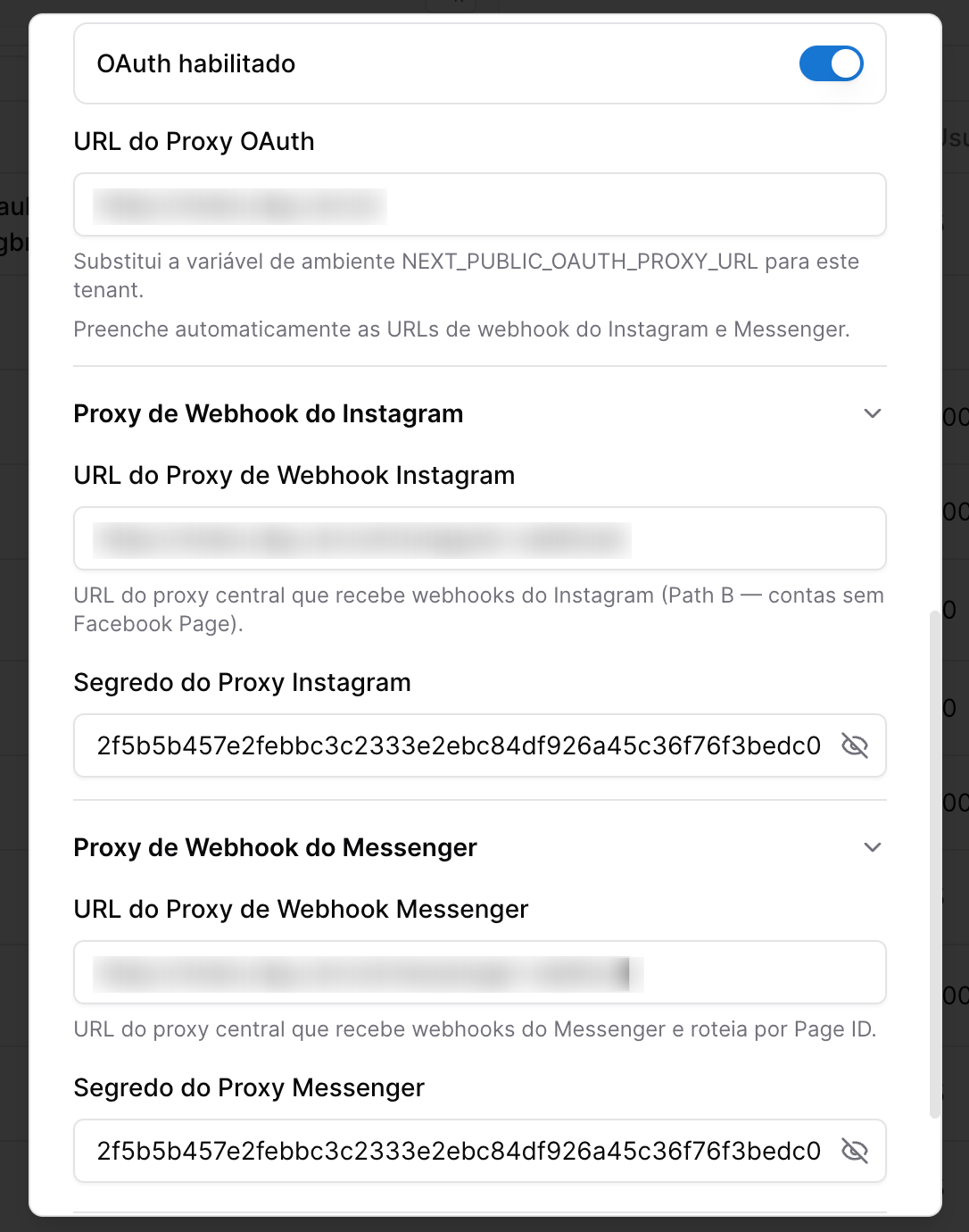 HubApp - tela de configuração do Tenant - oauth instagram e facebook messenger